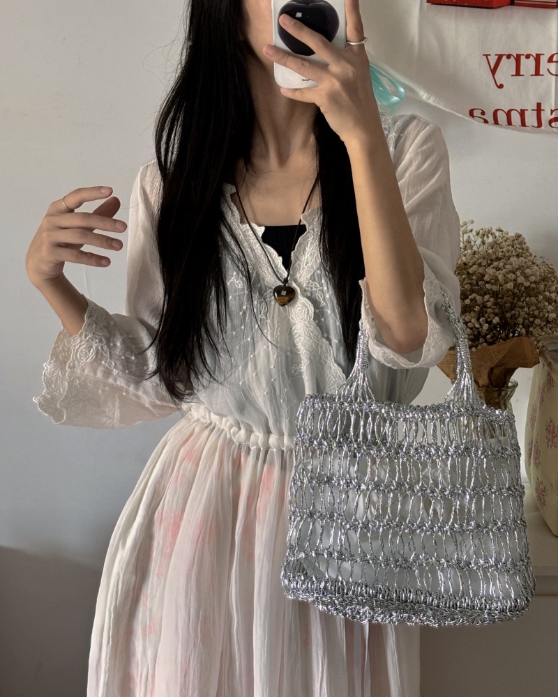 Handmade Woven Tote Bag with Gold and Silver Thread Hollow Design for Vacation and Beach
