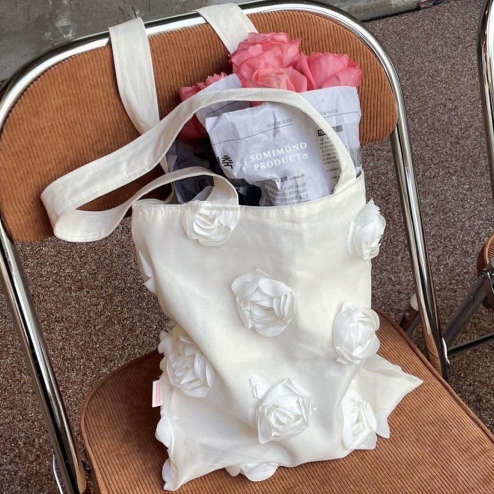 Korean Style Floral One-Shoulder Bag Cute Pink Cloth Bag for Daily Travel Vacation