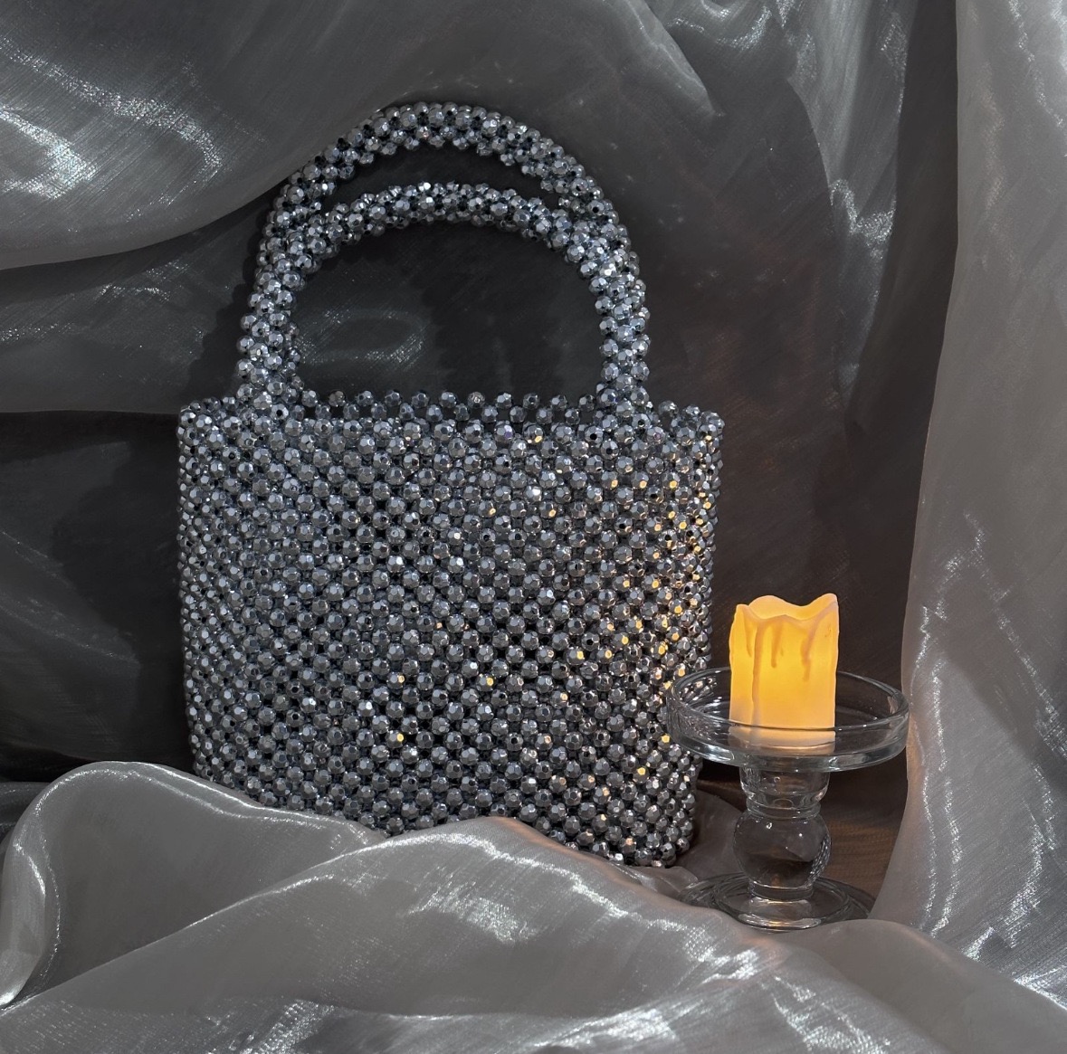 Shiny Silver Beaded Handbag for Women Korean Style Chain Basket Bag - Image 2