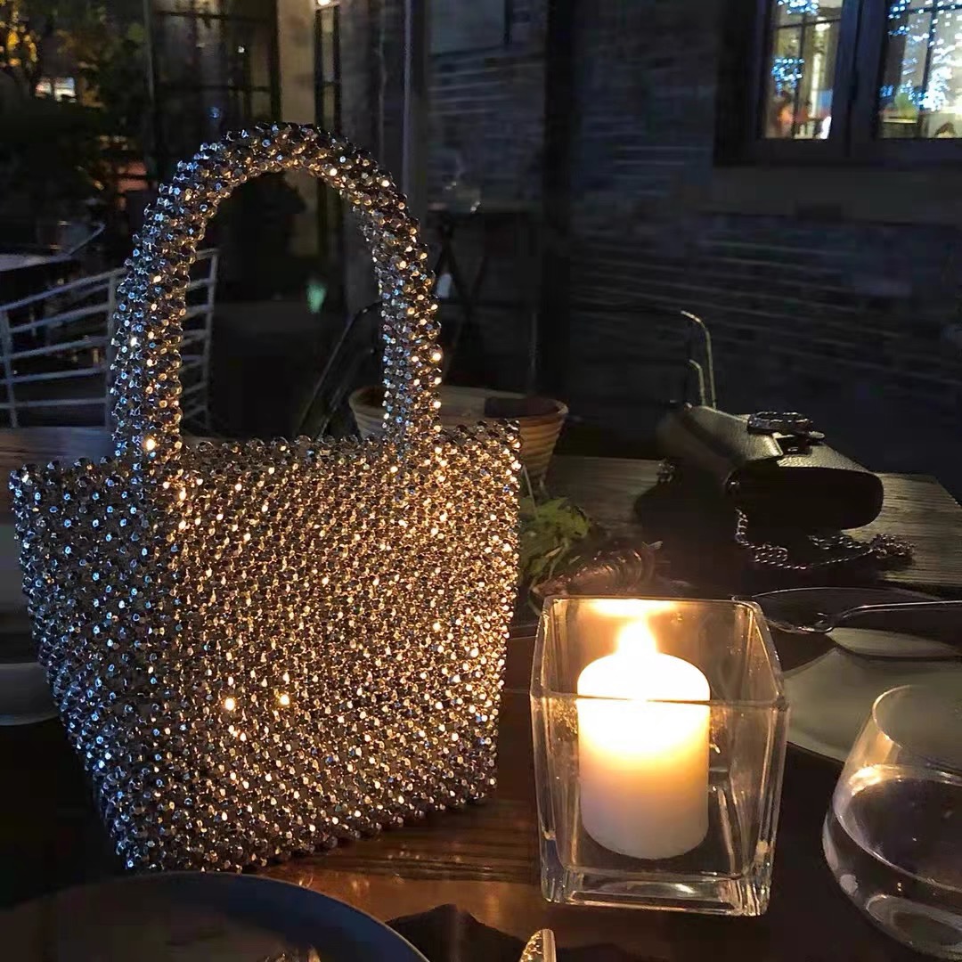 Shiny Silver Beaded Handbag for Women Korean Style Chain Basket Bag