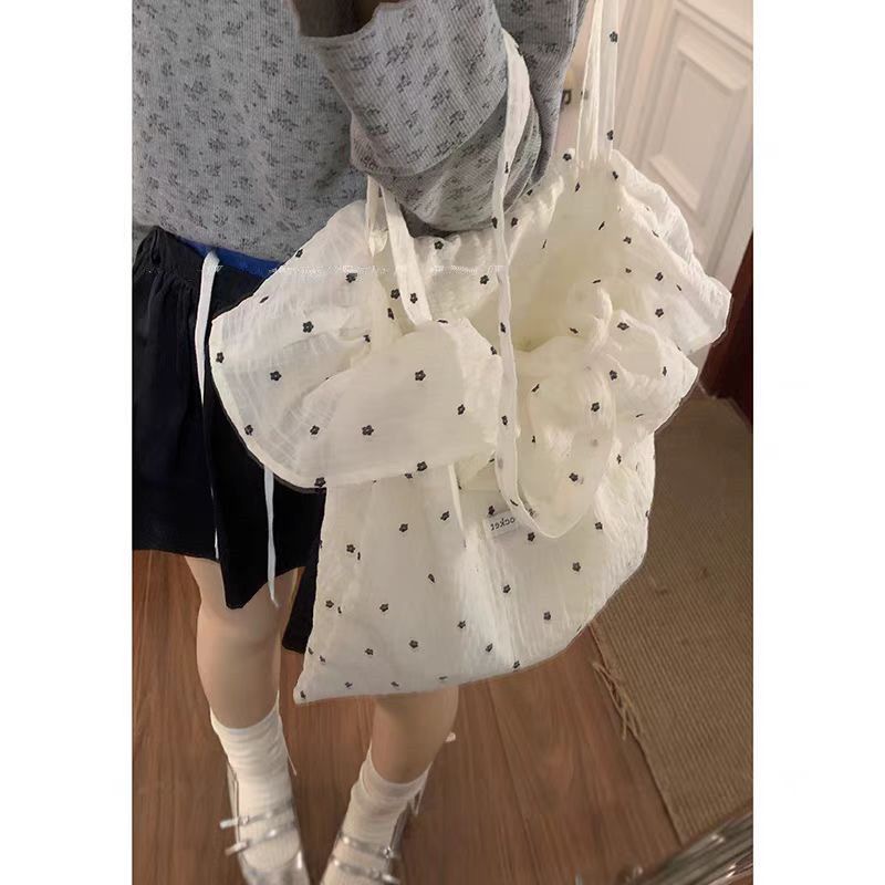 Resort Style Mesh One-Shoulder Bag Fairy Ruffle Handbag Polka Dot Tote Bag