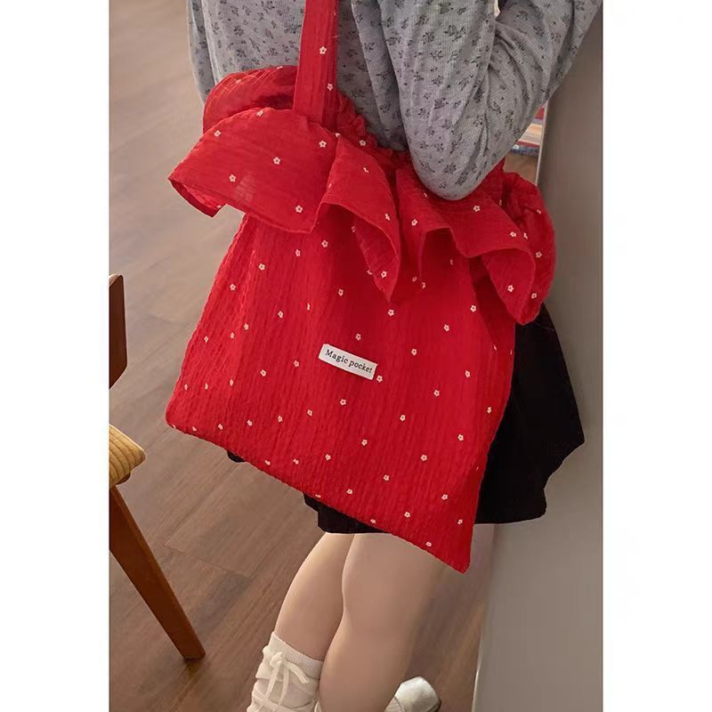 Resort Style Mesh One-Shoulder Bag Fairy Ruffle Handbag Polka Dot Tote Bag - Image 3