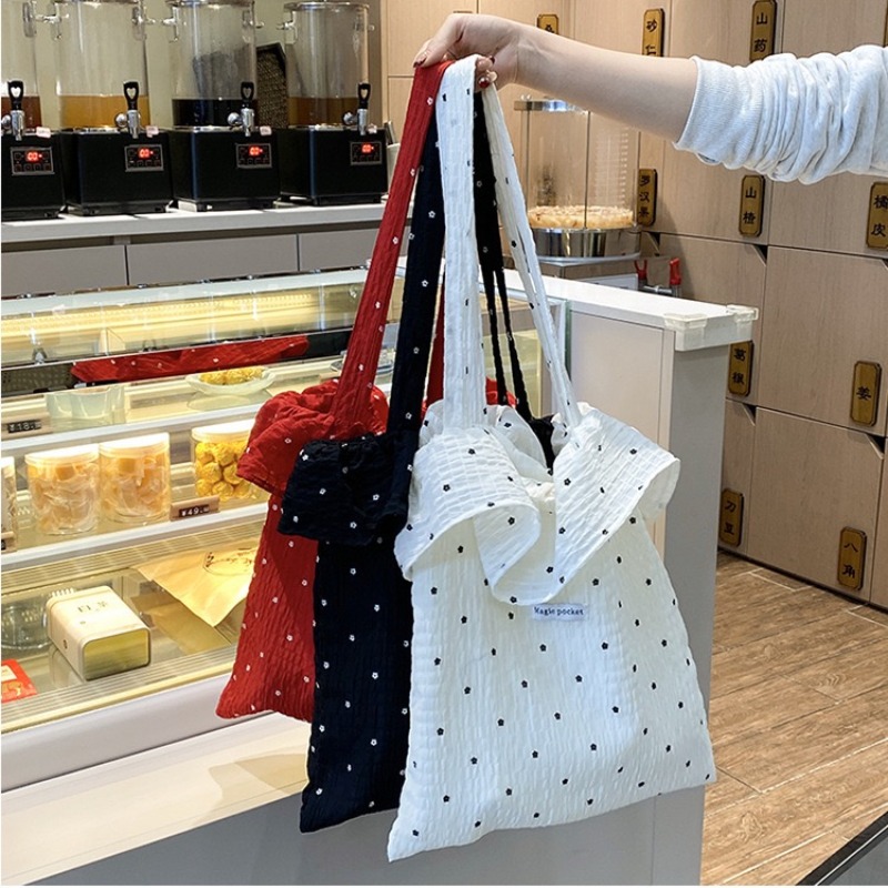 Resort Style Mesh One-Shoulder Bag Fairy Ruffle Handbag Polka Dot Tote Bag - Image 5
