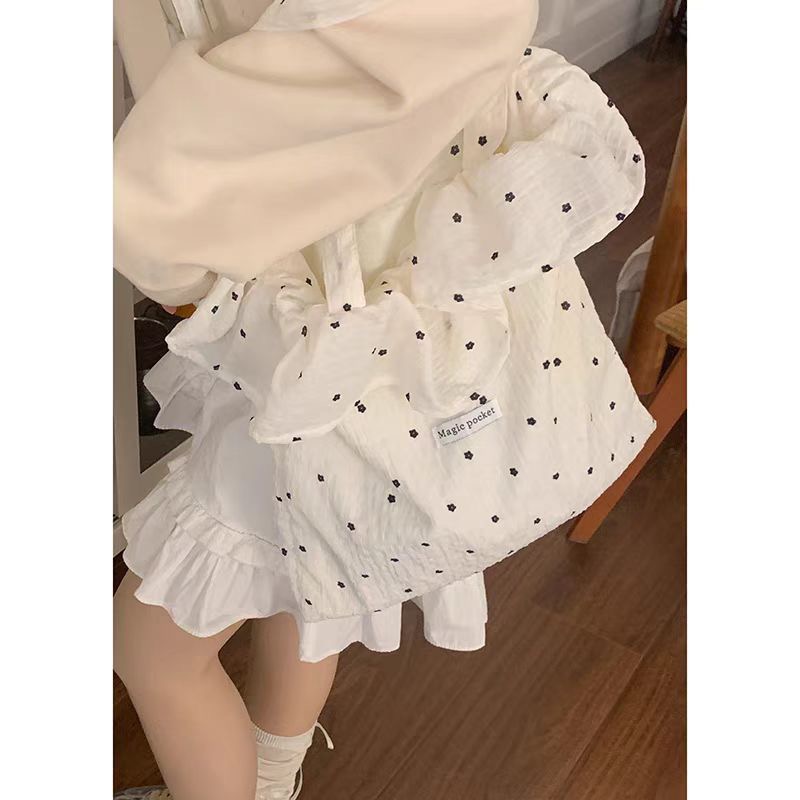 Resort Style Mesh One-Shoulder Bag Fairy Ruffle Handbag Polka Dot Tote Bag - Image 4