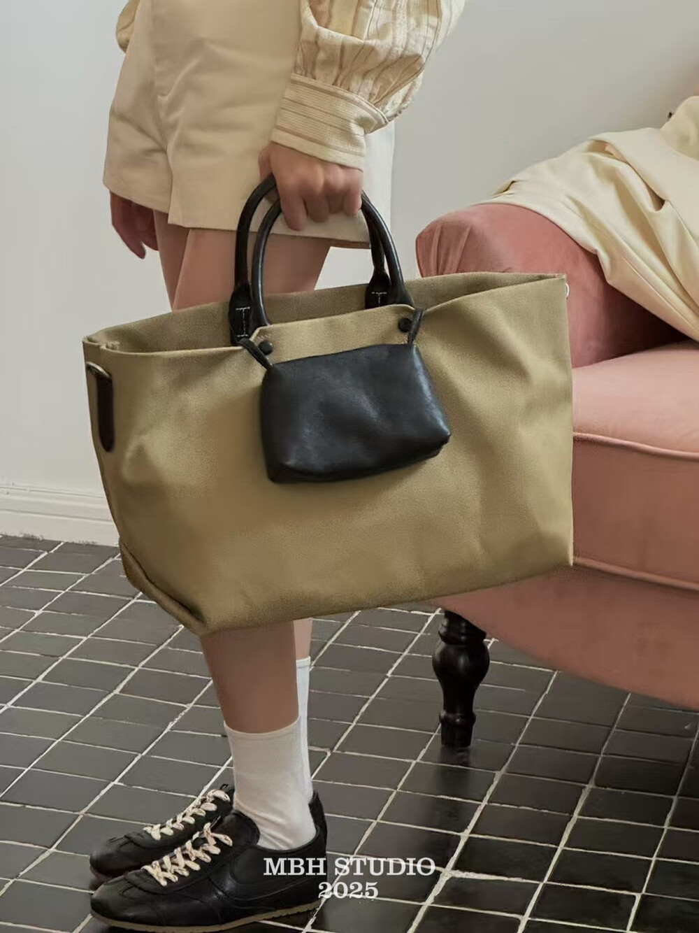 MBH Canvas and Top Grain Leather Large Capacity Mother and Child Bag Handbag Shoulder Bag with Strap, Small Bag - Image 2