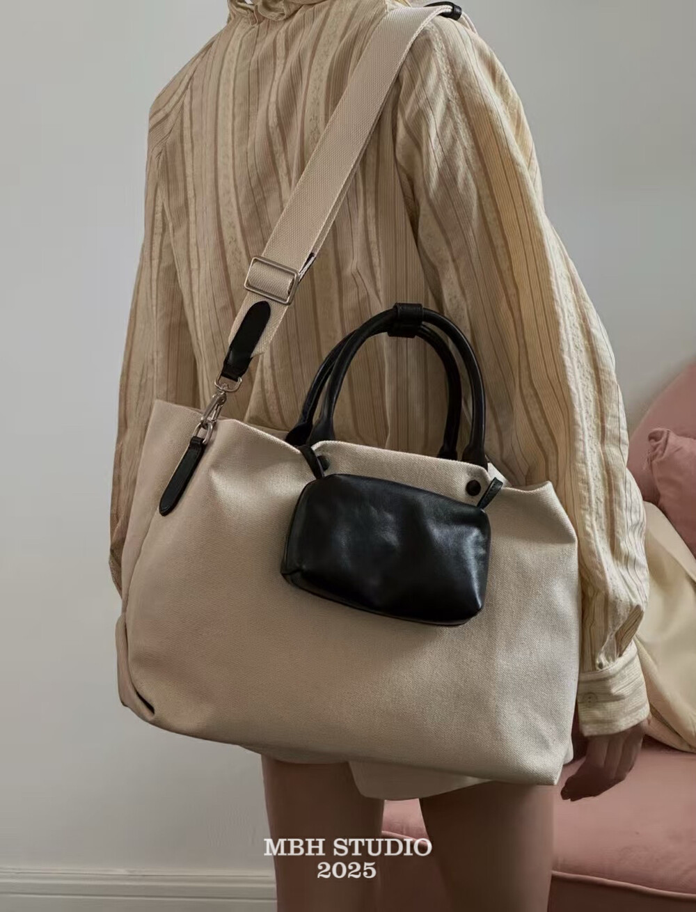 MBH Canvas and Top Grain Leather Large Capacity Mother and Child Bag Handbag Shoulder Bag with Strap, Small Bag