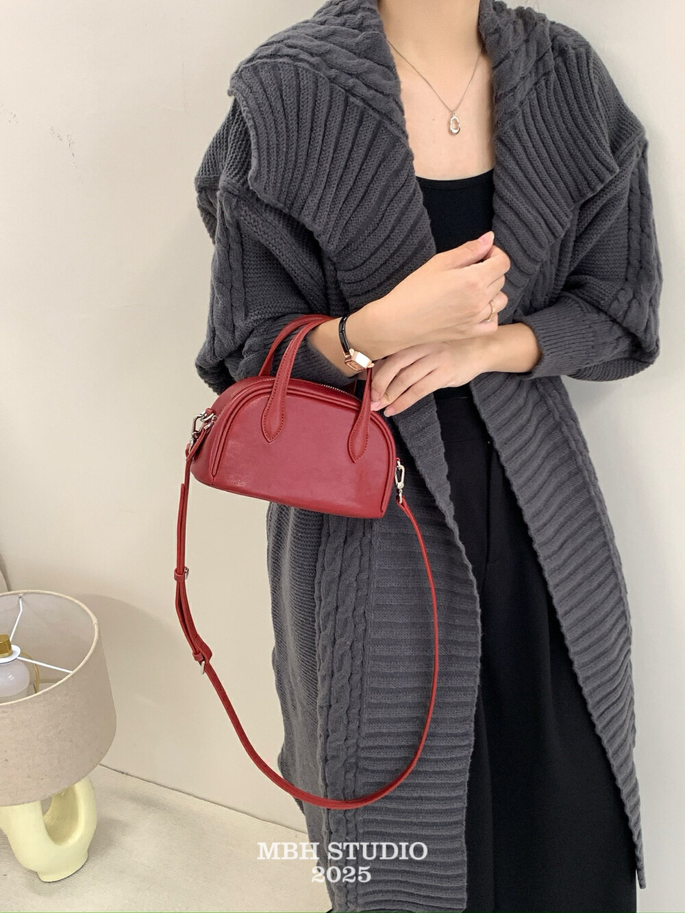 MBH Vegetable-Tanned Leather Bowling Crossbody Handbag with Shoulder Strap