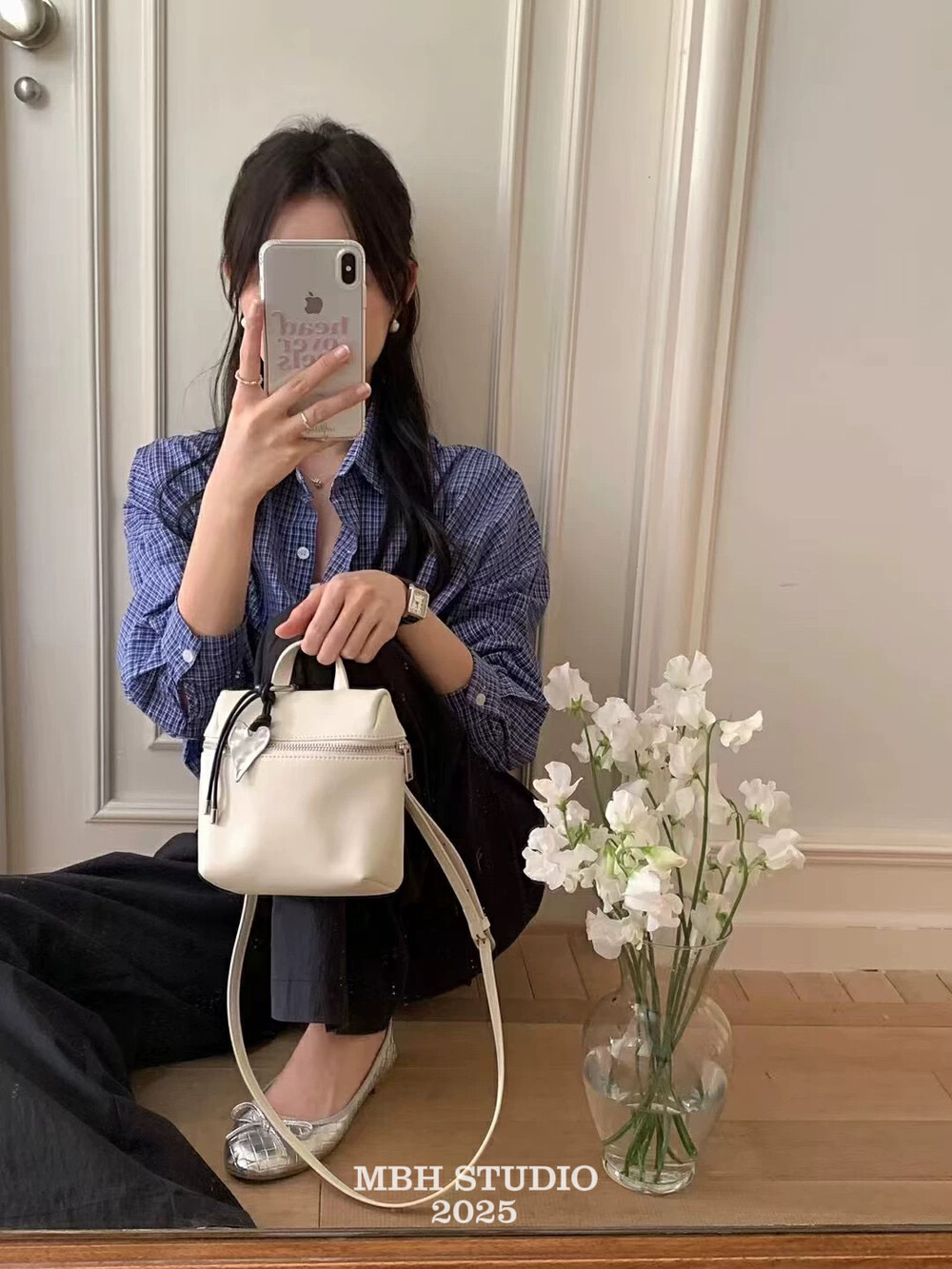 MBH Heart Box Top-Grain Litchi Leather Casual Crossbody Shoulder Bag with Strap